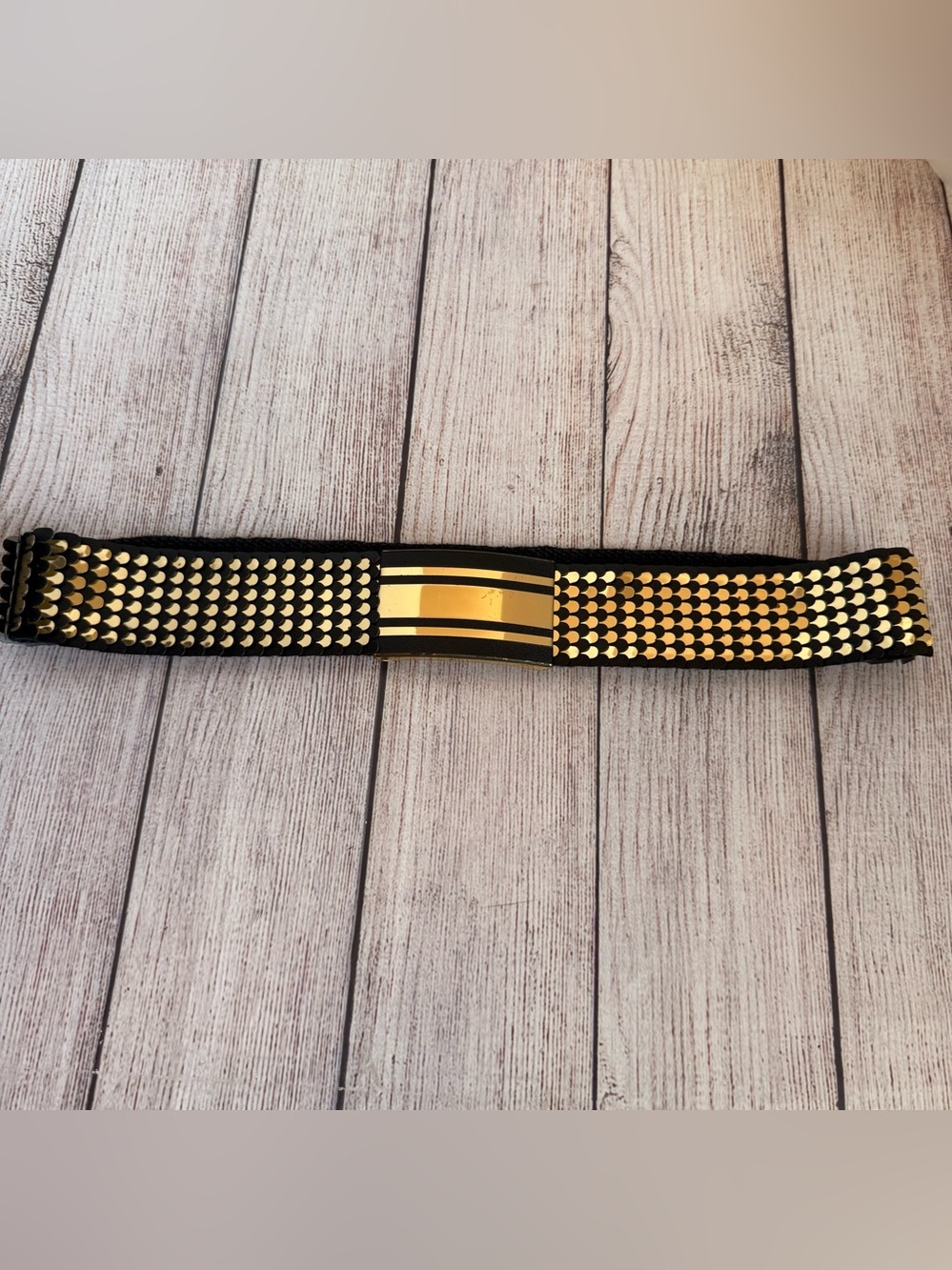 Vintage Y2K Black & Gold Fish Scale Design Stretch Belt Medium